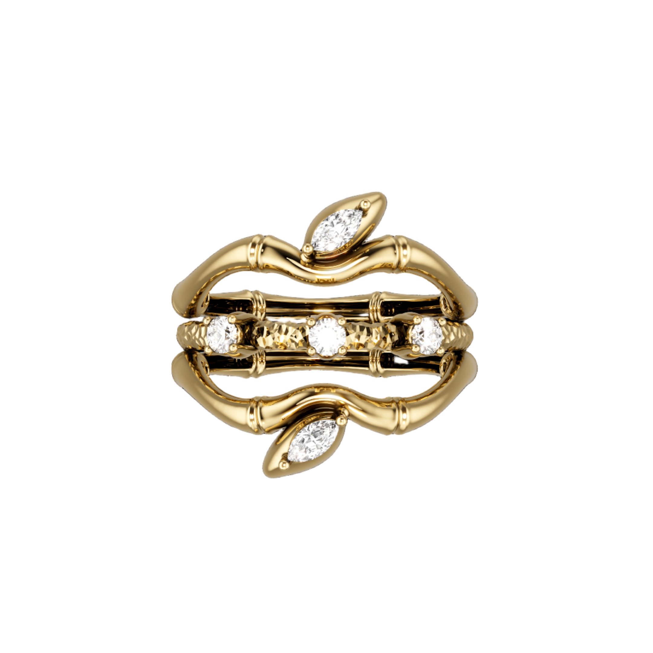 18K Yellow Gold Lucky Bamboo Triple Layer Ring with Diamond Accents - S-R459SB