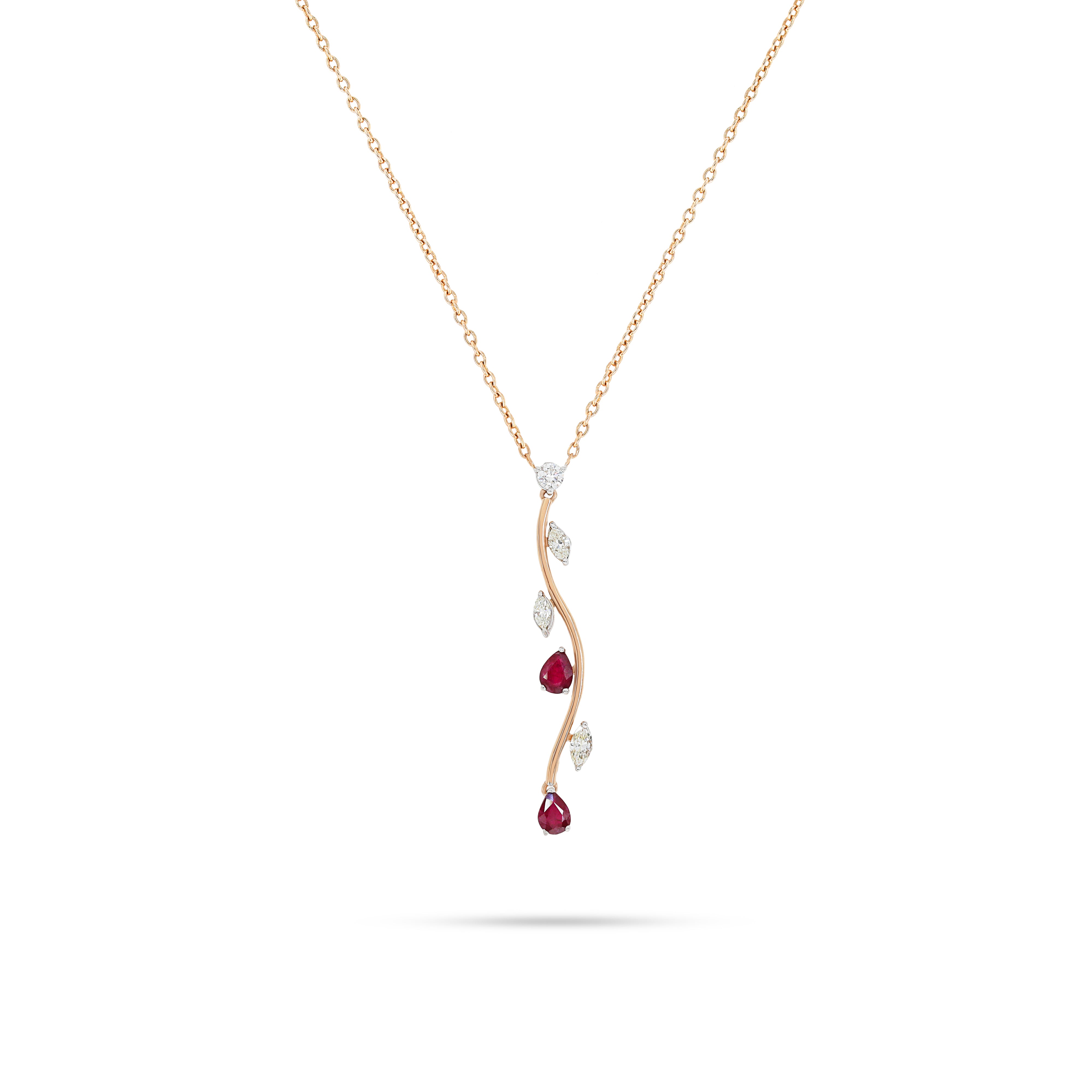 A simple diamond necklases in the shape of a curved line with Ruby stone in 18k rose gold - TP-3494M/J