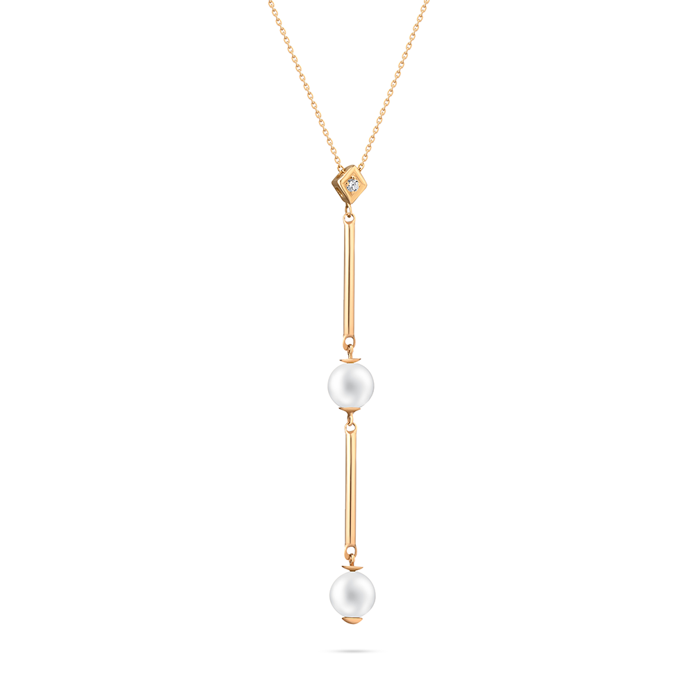 Pearls and Gold rods Dangling with diamond setting necklace in 18K Yellow Gold - S-X29P