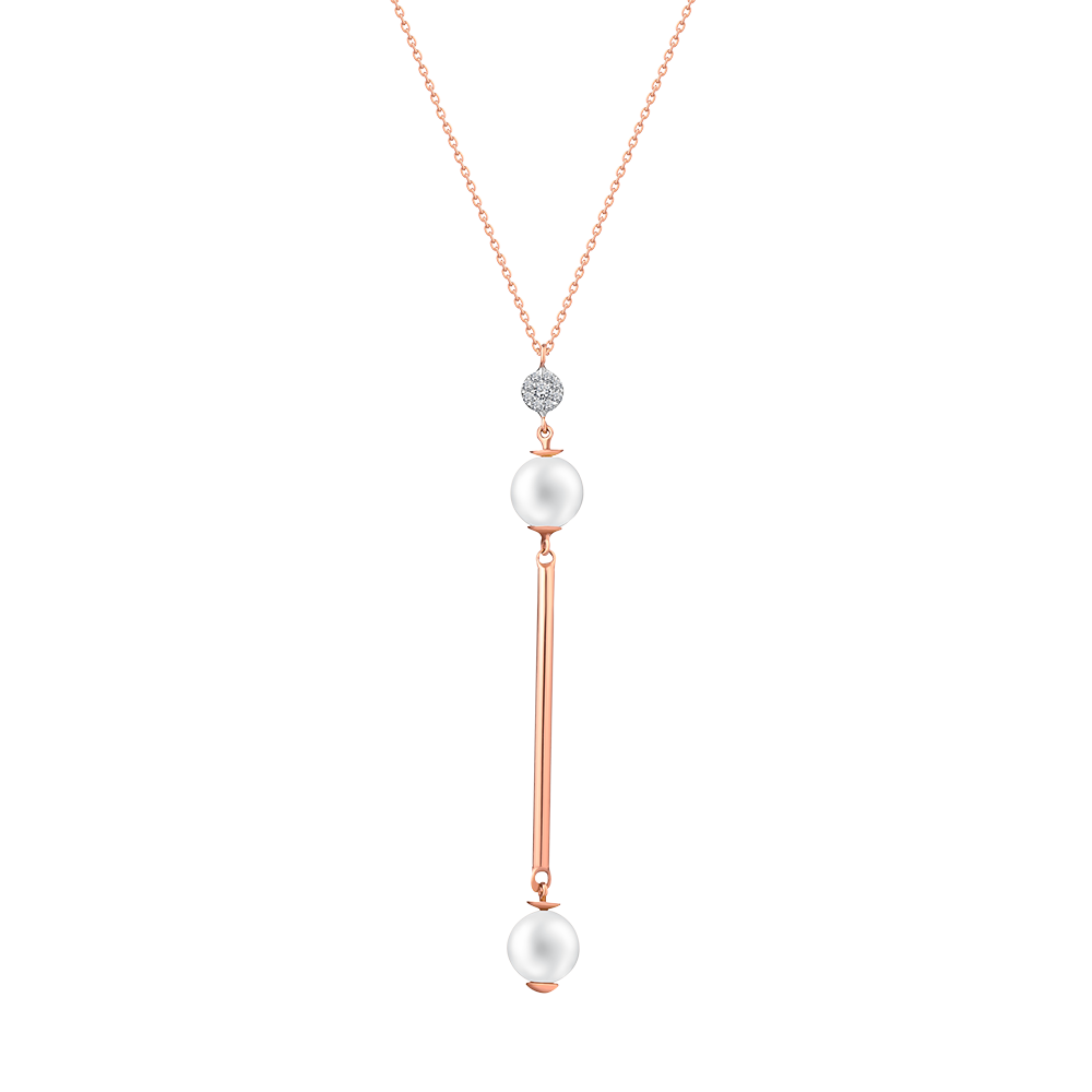 2 pearls dangling with gold rod and diamond setting necklace in 18K Rose Gold - S-X28P