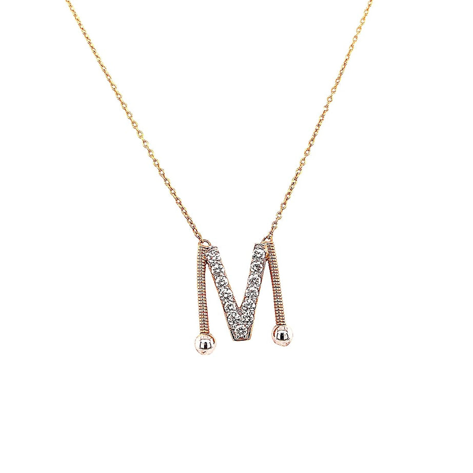Shiny Letter M Gold and Diamond  Necklace in Rose 18K Gold - S-P113