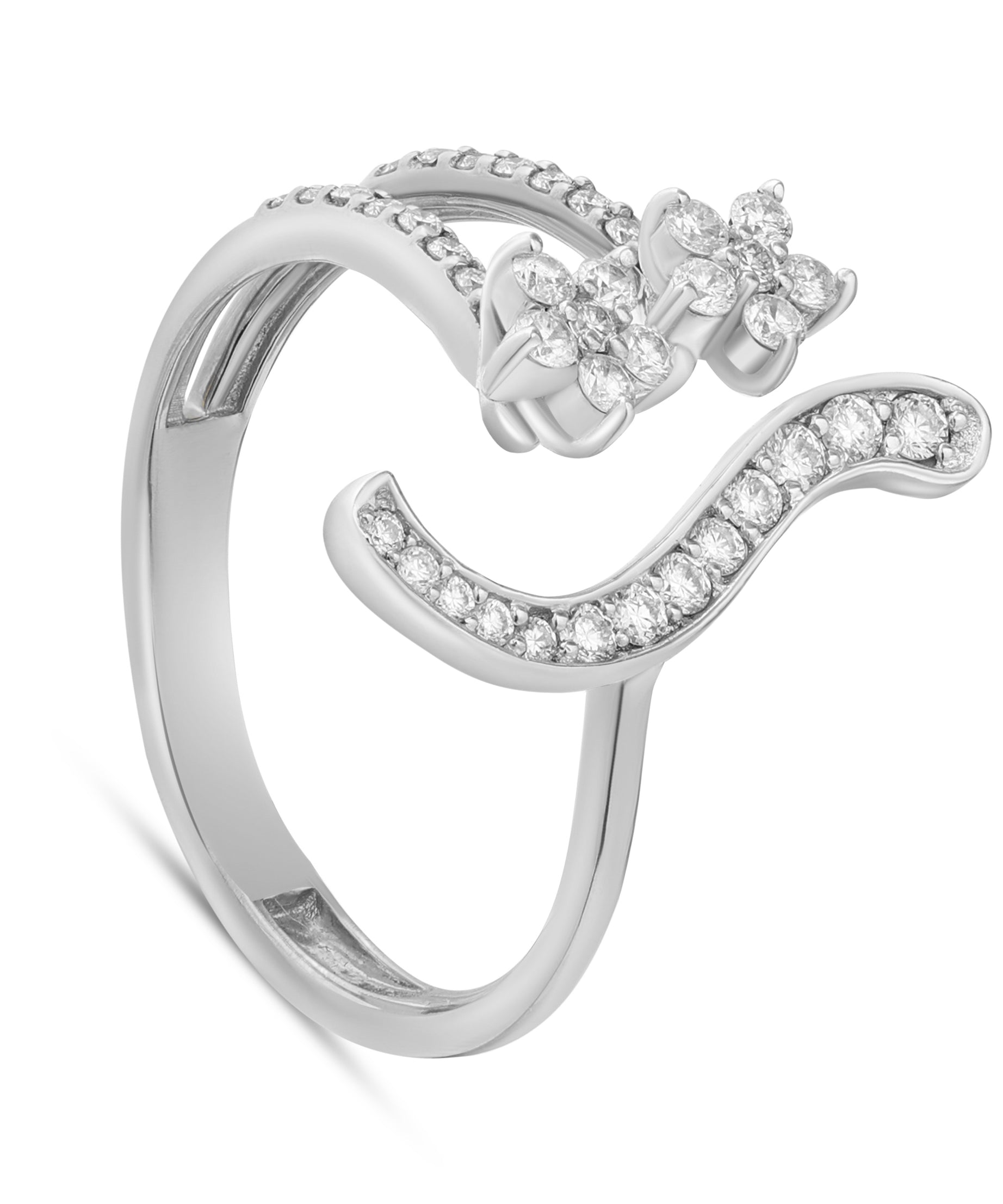 18K White Gold modern curved ring with sparkling diamond clusters - S-R450S