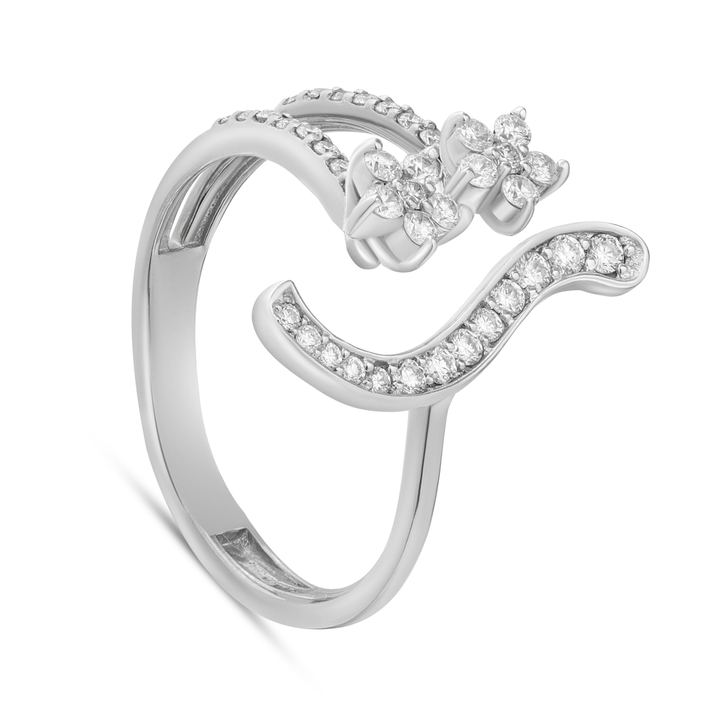18K White Gold modern curved ring with sparkling diamond clusters - S-R450S