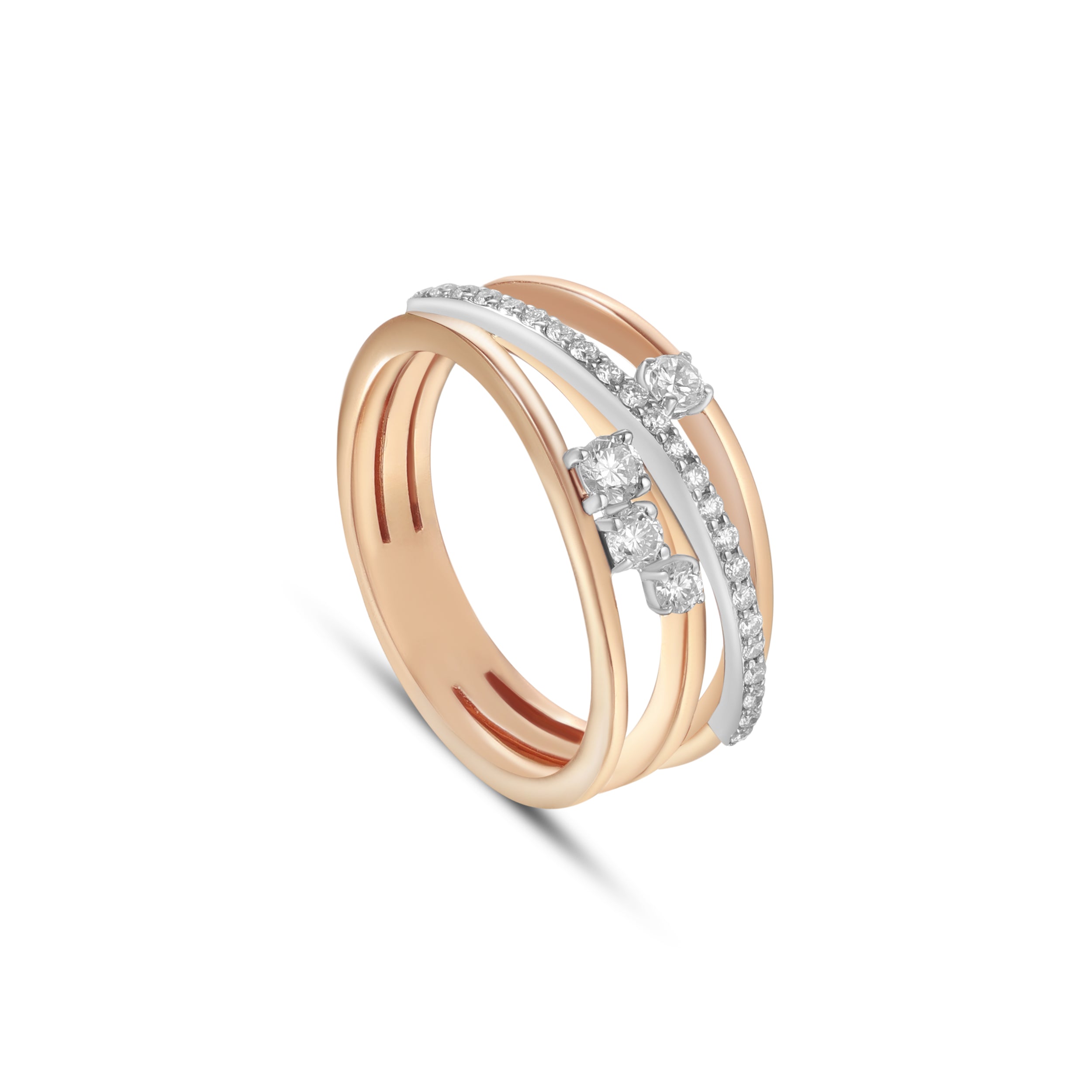 18K Rose Gold Multi Row Diamond Ring with Two Tone Design - S-R597S