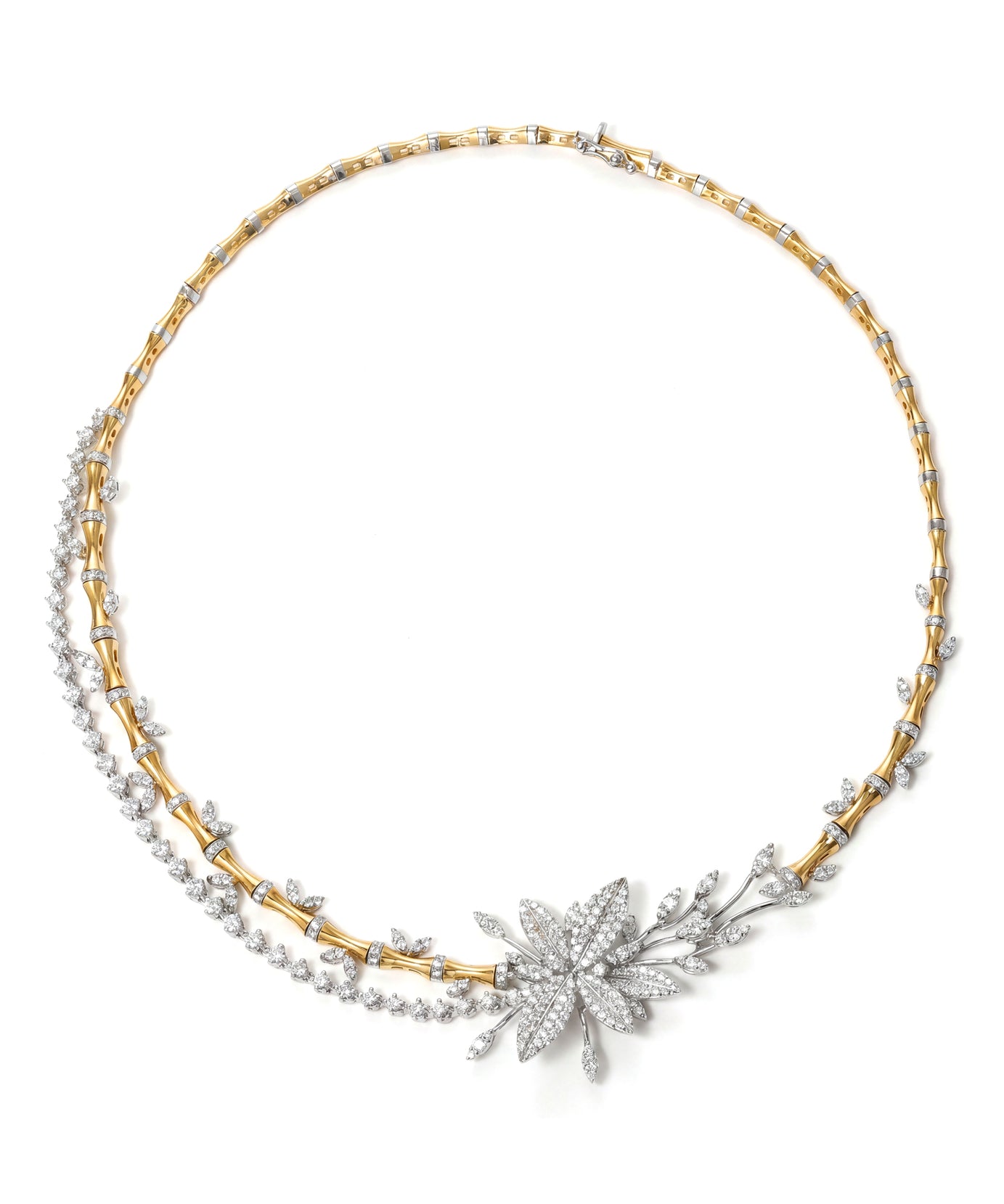 Limited Edition 18k Yellow Gold Lucky Bamboo Choker with Centerpiece Flower Encrusted with Diamonds - B-LKNS0827/N