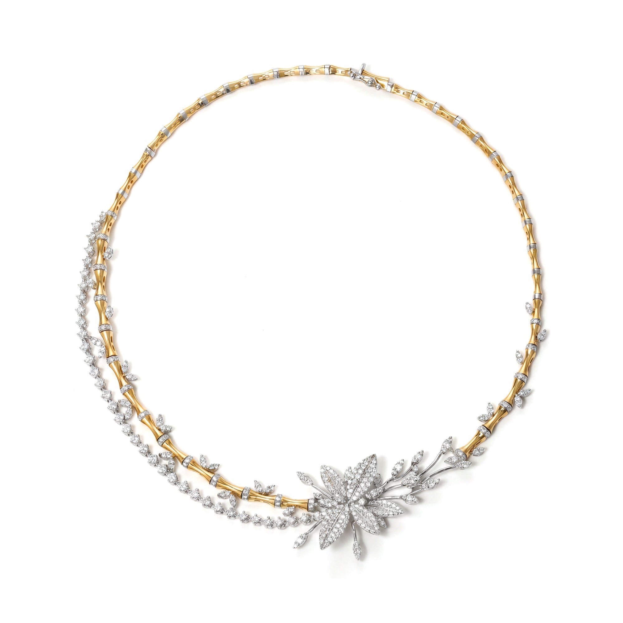 Limited Edition 18k Yellow Gold Lucky Bamboo Choker with Centerpiece Flower Encrusted with Diamonds - B-LKNS0827/N