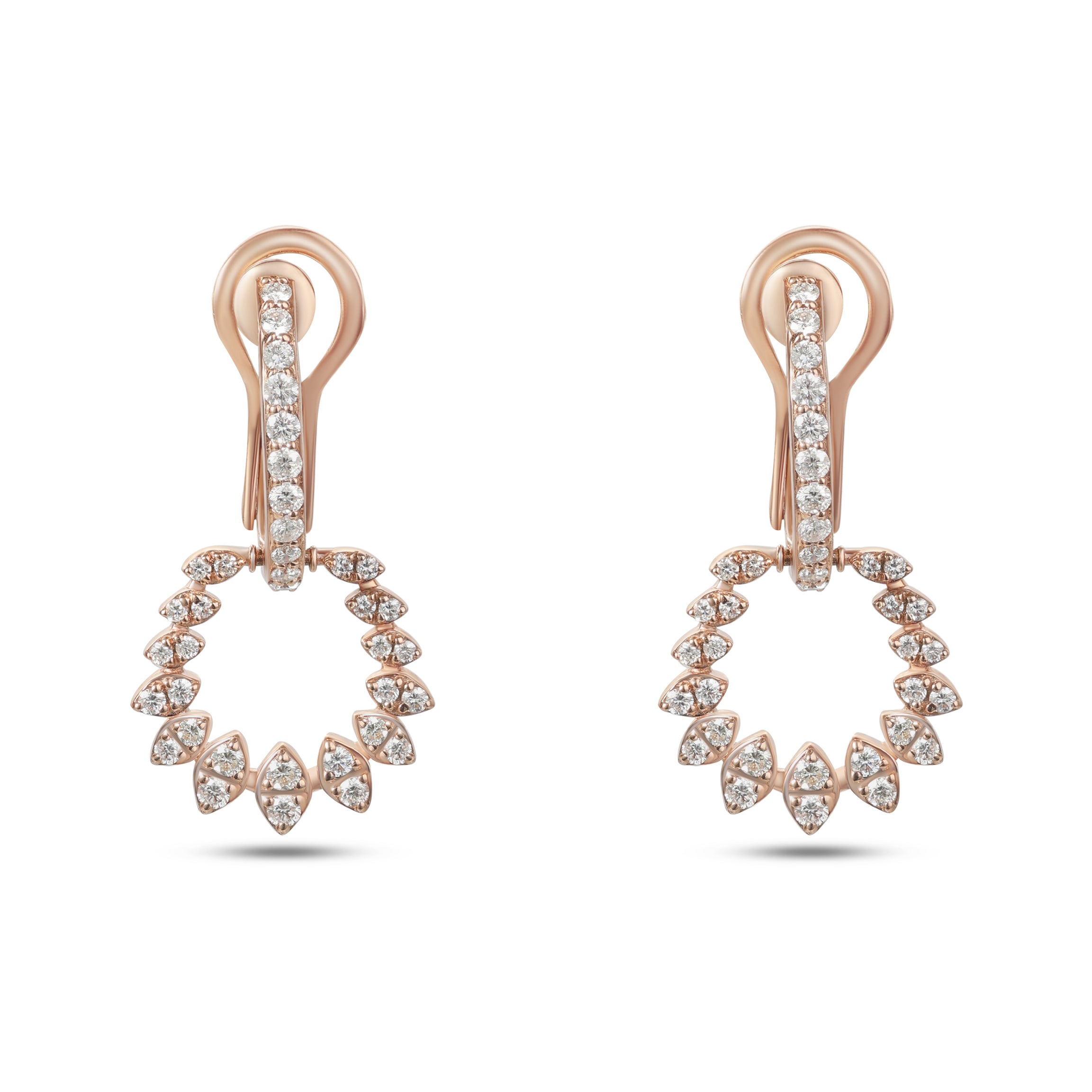 18K Rose Gold Round Diamond Drop Hoop Earrings - S-H096ES