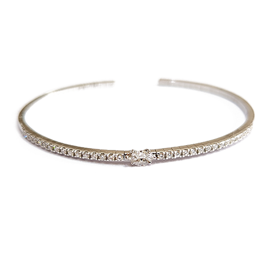 Half Tennis with Central Marquise Cut Diamond Bangle in 18K White Gold - MR-0176