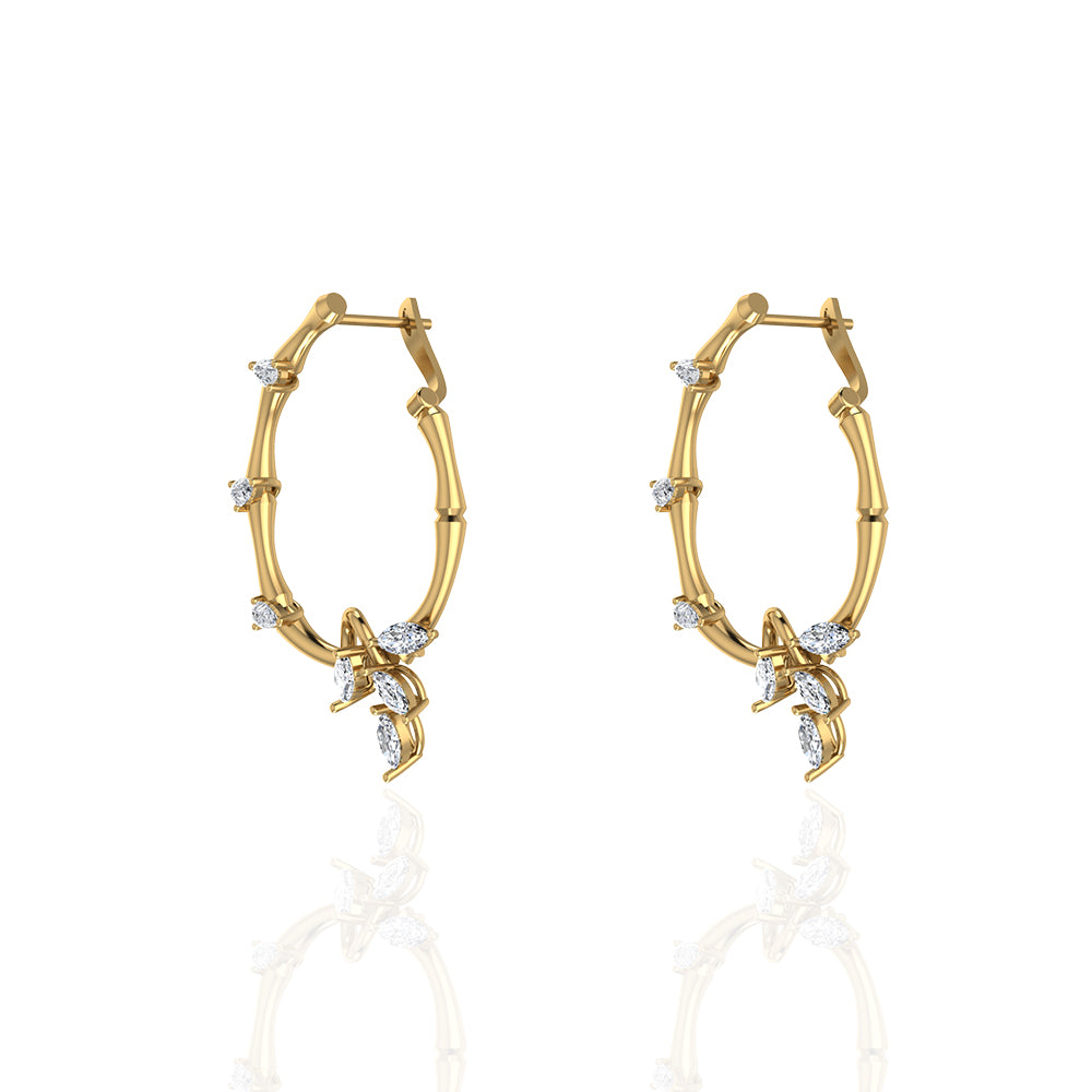 18K Yellow Gold Diamond Lucky Loop Earrings featuring Marquise Leaves - S-E235S