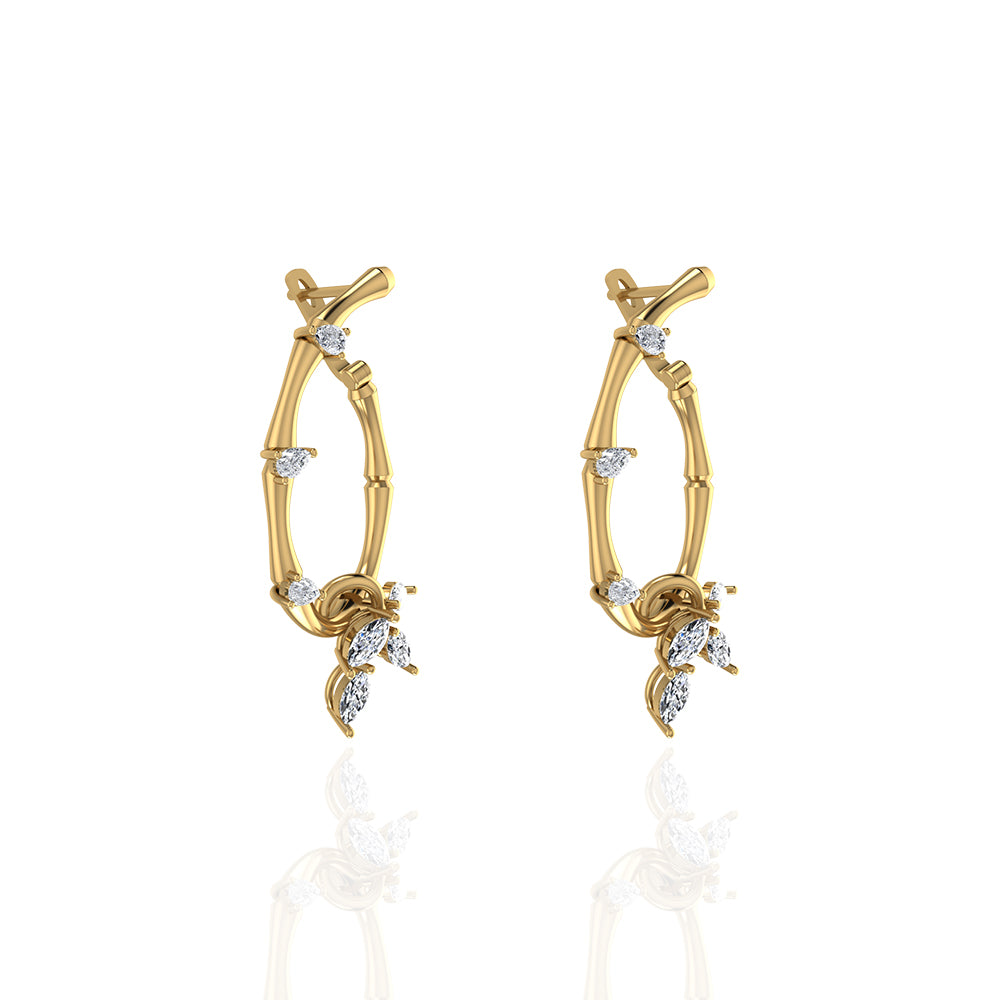 18K Yellow Gold Diamond Lucky Loop Earrings featuring Marquise Leaves - S-E235S