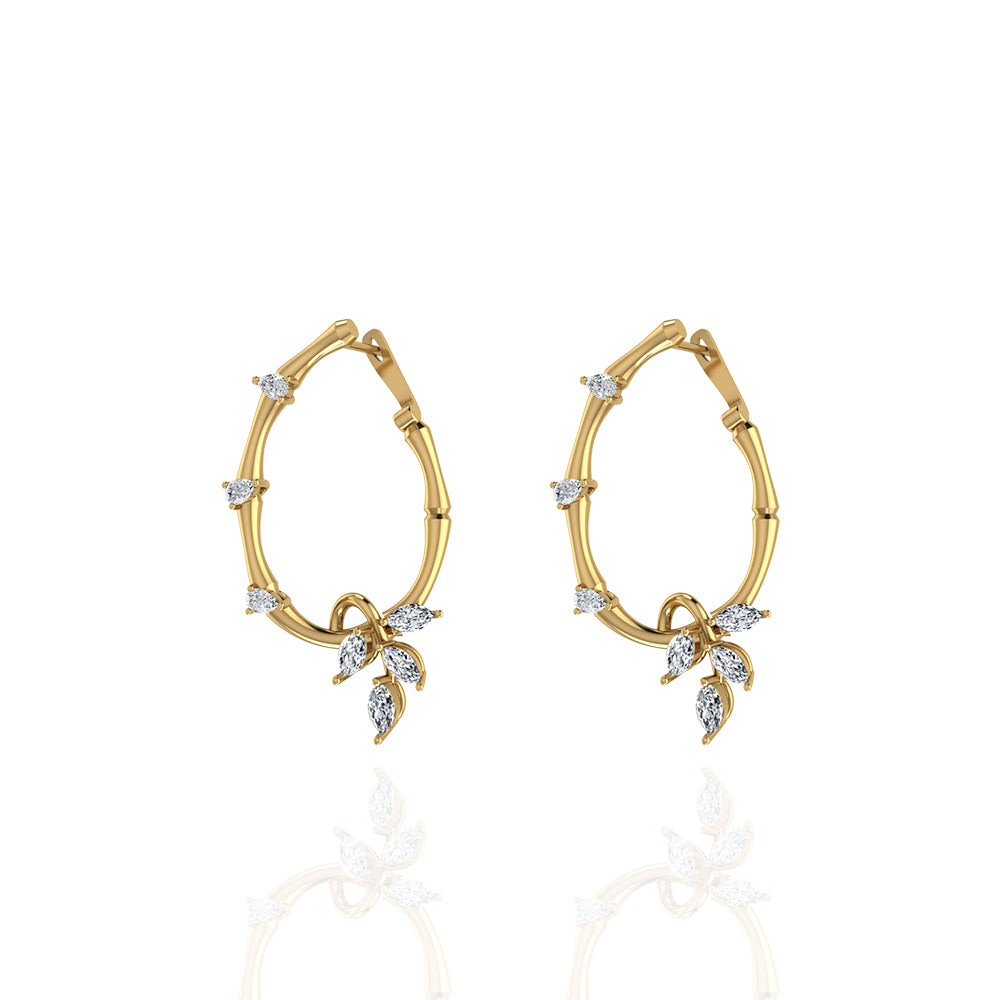 18K Yellow Gold Diamond Lucky Loop Earrings featuring Marquise Leaves - S-E235S