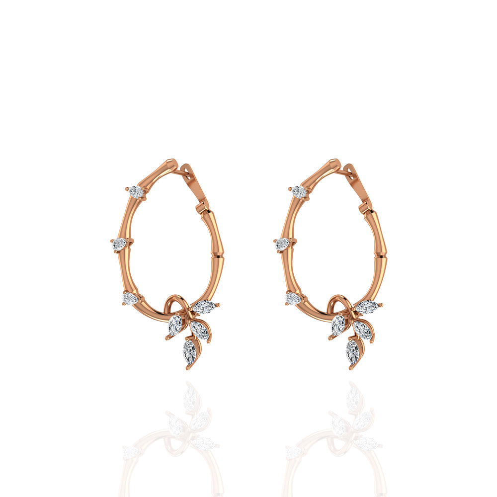 18K Rose Gold Diamond Lucky Loop Earrings featuring Marquise Leaves - S-E235S