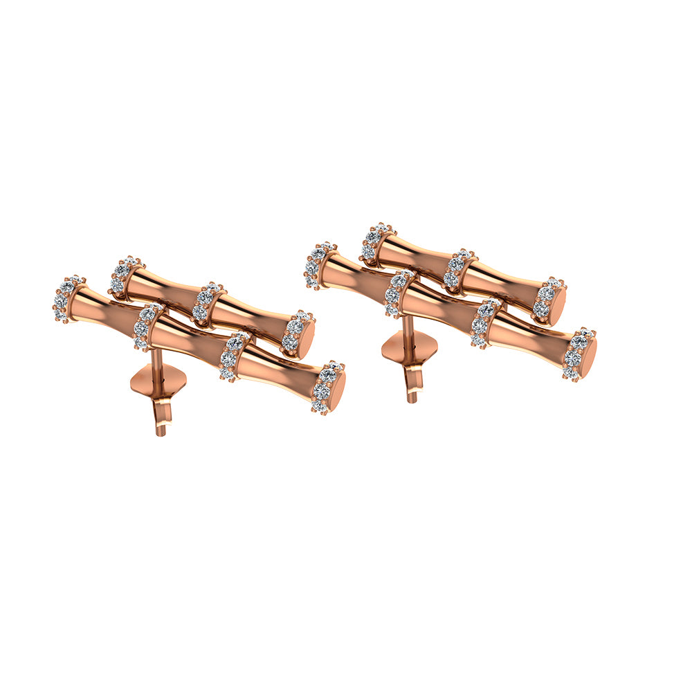 18K Rose Gold Double Bamboo Stalk Earrings with Diamonds - s-e237s