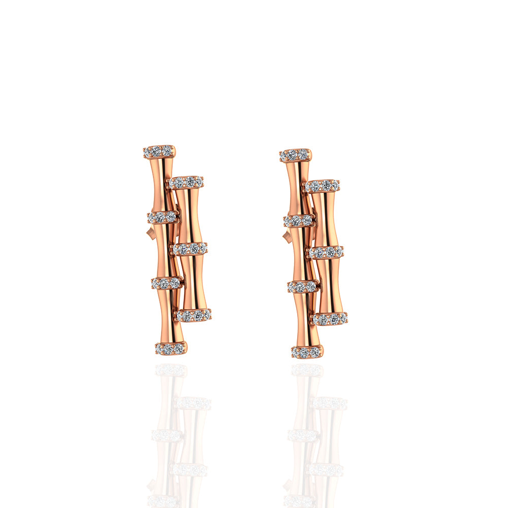 18K Rose Gold Double Bamboo Stalk Earrings with Diamonds - s-e237s