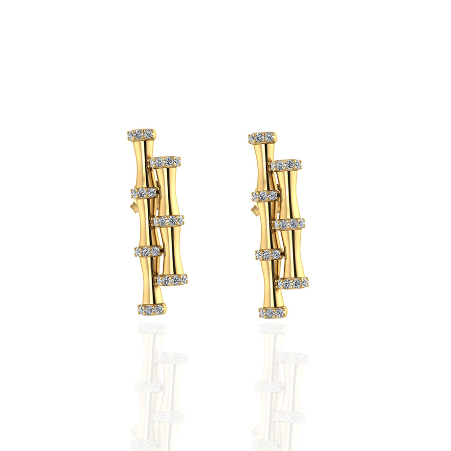 18K Yellow Gold Double Bamboo Stalk Earrings with Diamonds - s-e237s