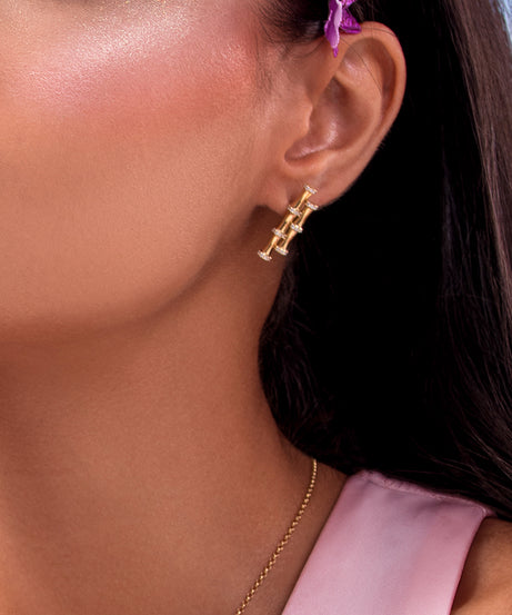 18K Yellow Gold Double Bamboo Stalk Earrings with Diamonds - s-e237s