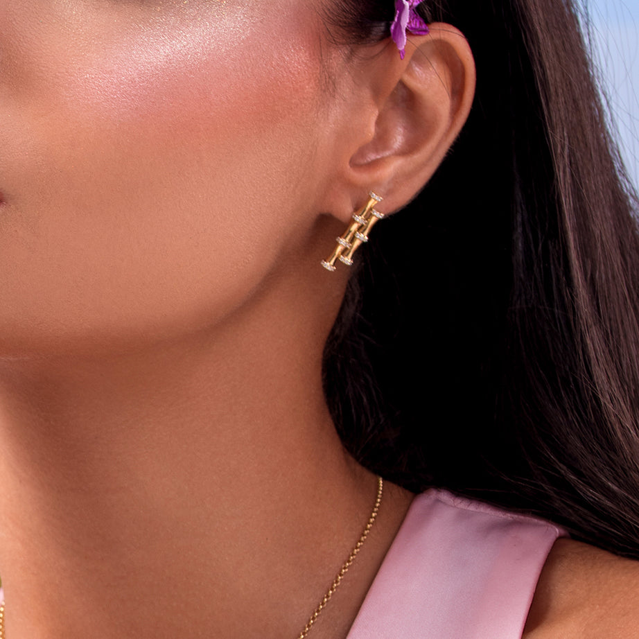 18K Yellow Gold Double Bamboo Stalk Earrings with Diamonds - s-e237s