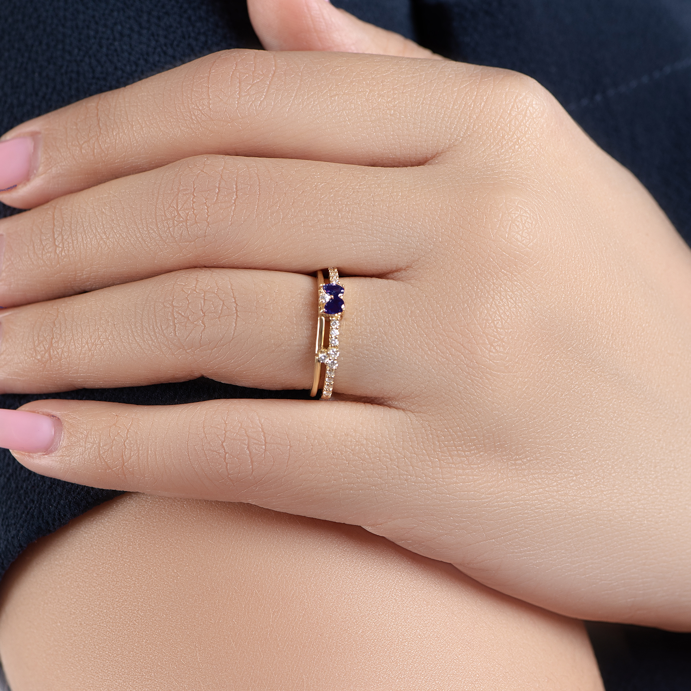 Double layer Diamond Ring with sapphire stones in 18k White Gold - S-R92