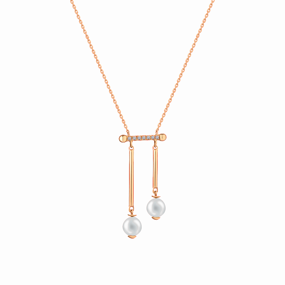 2 Pearls with gold rods dangling from a diamond bar necklace in 18K Rose Gold - S-X30P