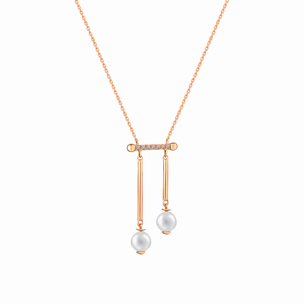 2 Pearls with gold rods dangling from a diamond bar necklace in 18K Rose Gold - s-x30p