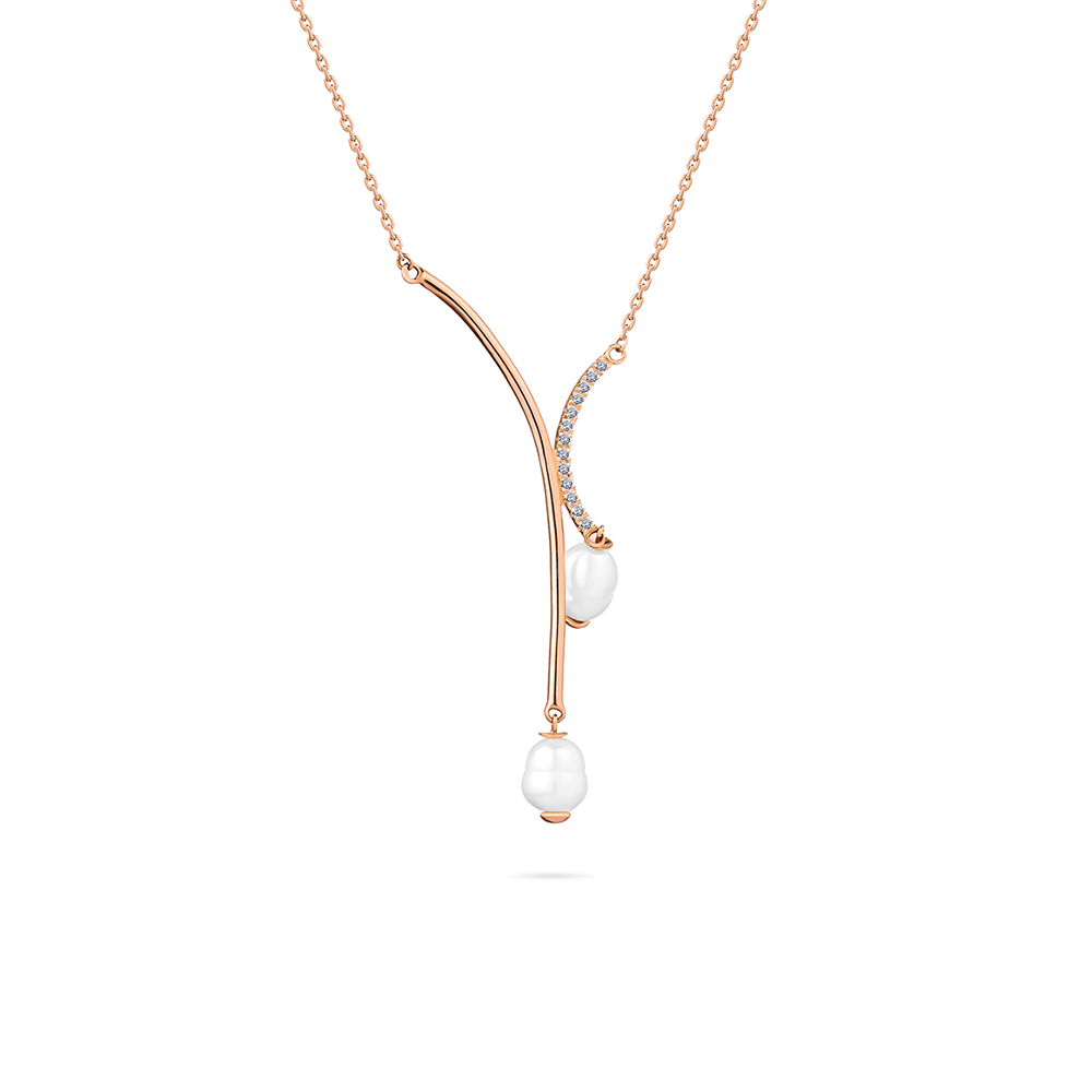 X shapped with diamond and gold frames with dangling 2 pearls necklace in 18K Rose Gold - s-x32p