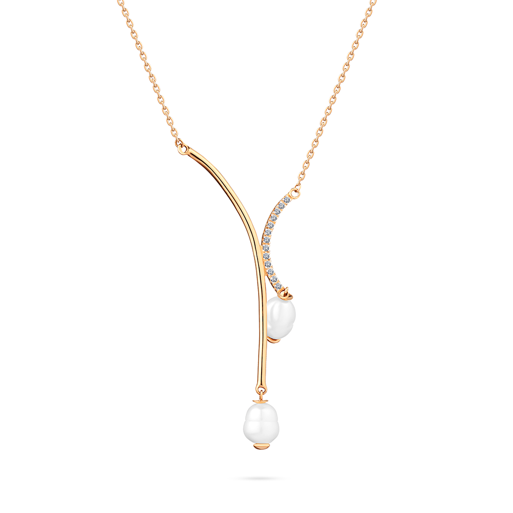 X shapped with diamond and gold frames with dangling 2 pearls necklace in 18K Yellow Gold - s-x32p