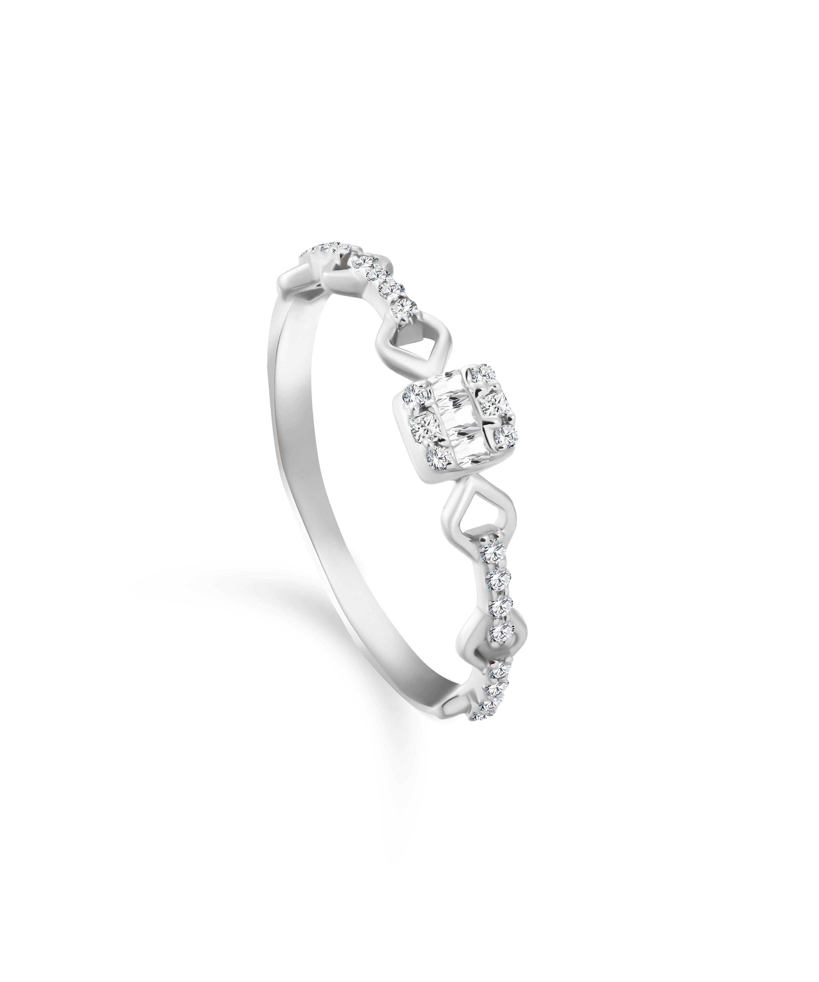 Half diamonded ring with 20 round brilliant, 3 baguette and 2 pear diamonds in 18K White Gold - S-R222S