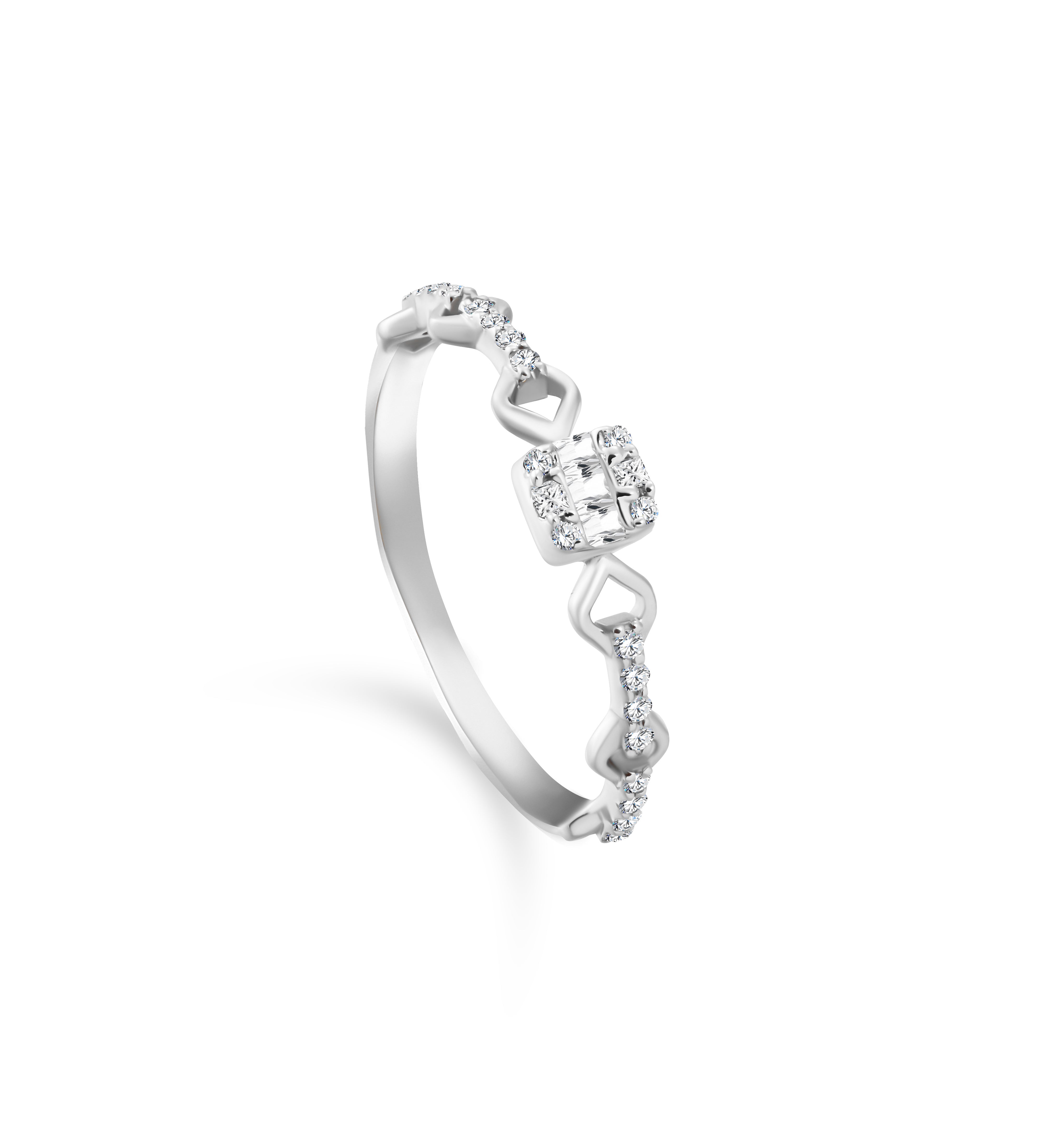 Half diamonded ring with 20 round brilliant, 3 baguette and 2 pear diamonds in 18K White Gold - S-R222S