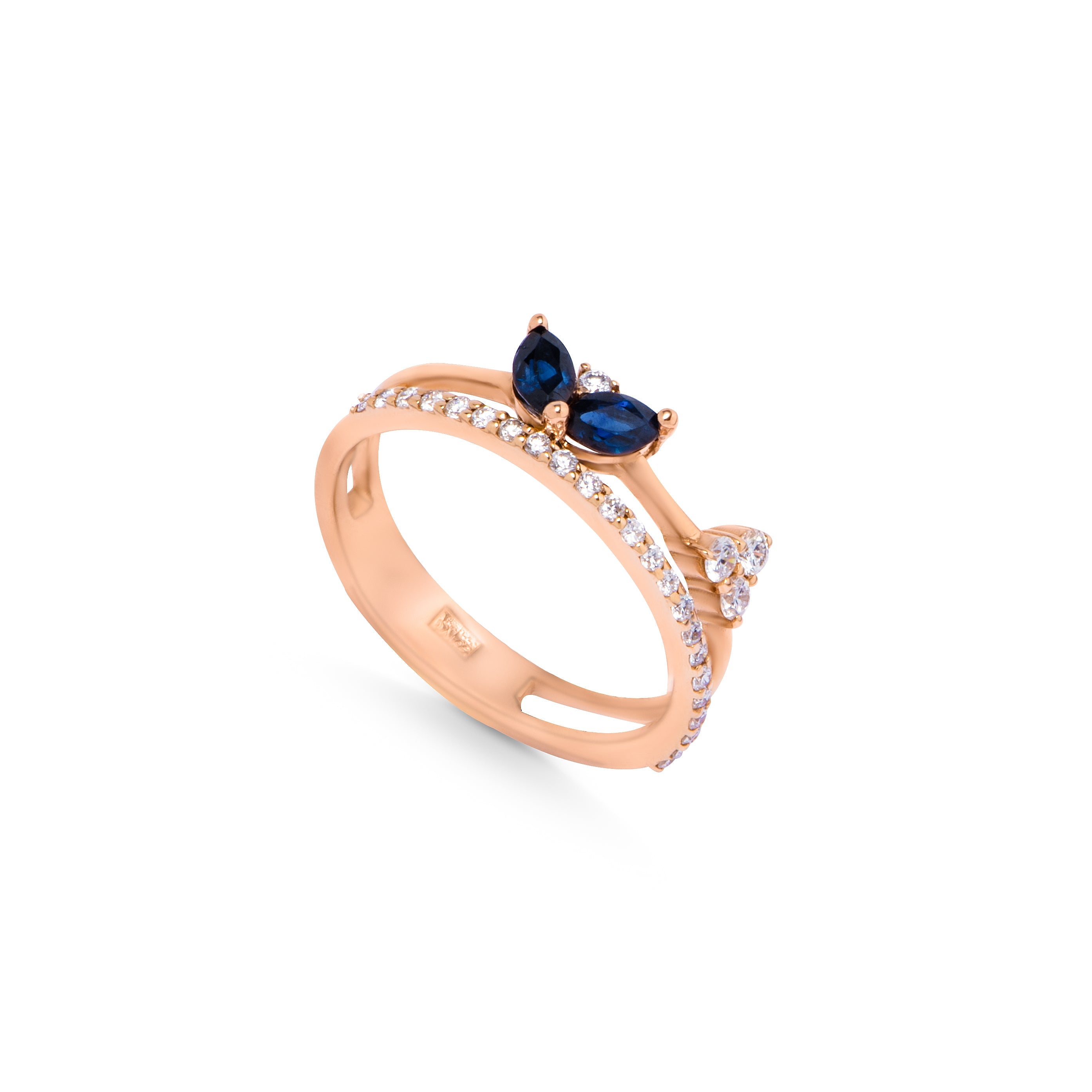 Double layer Diamond Ring with sapphire stones in 18k Rose Gold - S-R92