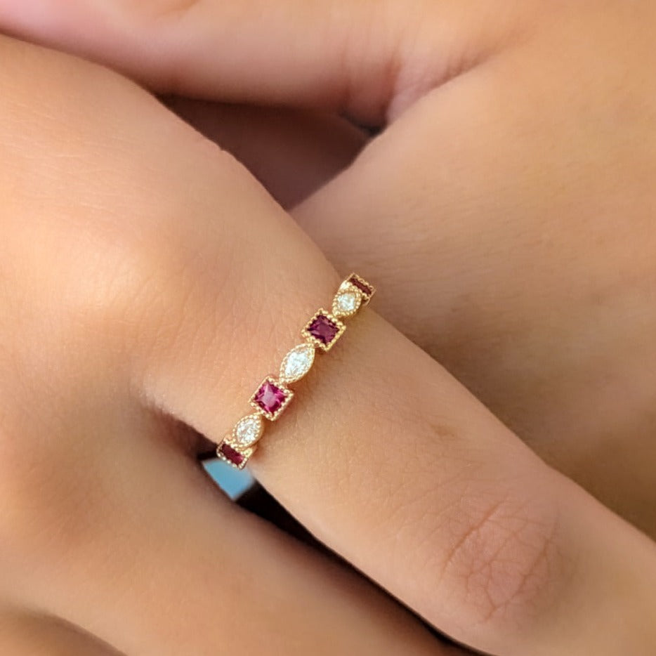 Geometric Diamond ring with ruby stones / B-LINK062R