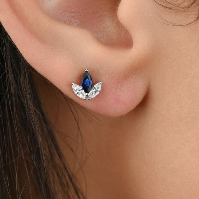 Lotus flower shape Stud with sapphire stone in 18k White gold - B-LINK107EB