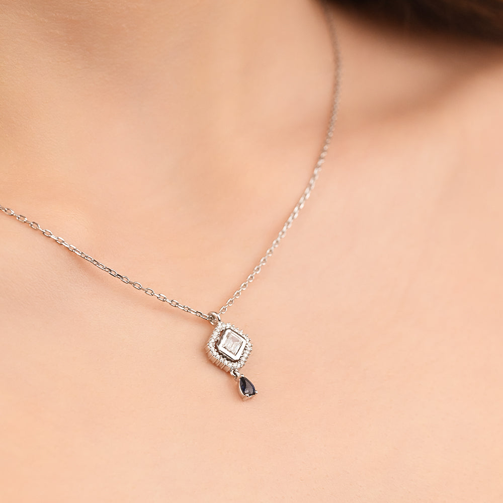 Dangling Baguette Pendant with Black Stone Diamond Necklace In 18k White gold - B-LINK237PO