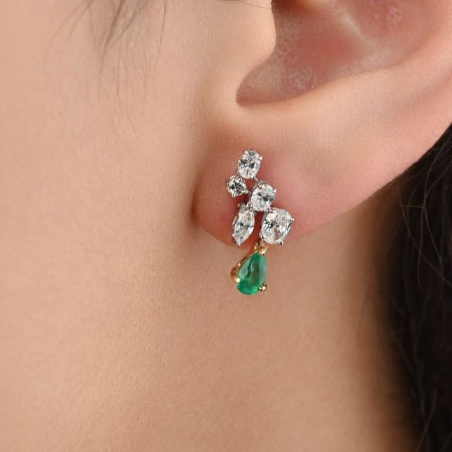Diamond Earring with a Dangling Emerald  stone in 18K White & Yellow gold - B-XLINK613E