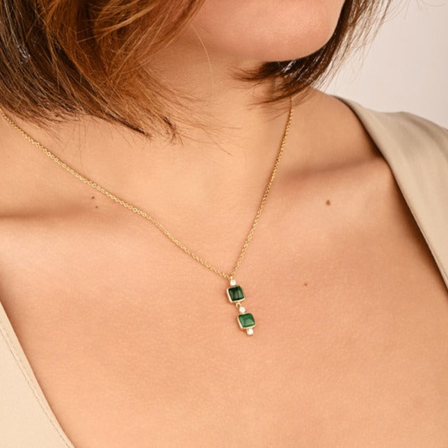 Malachite summer Diamond Necklace with 2 square of stones in 18K Gold Yellow gold / S-P413S