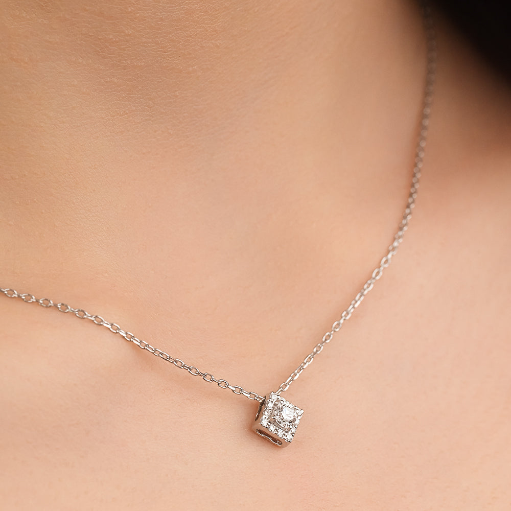 Simple Diamond Necklace with Center Stone in 18k White gold- I-X018N