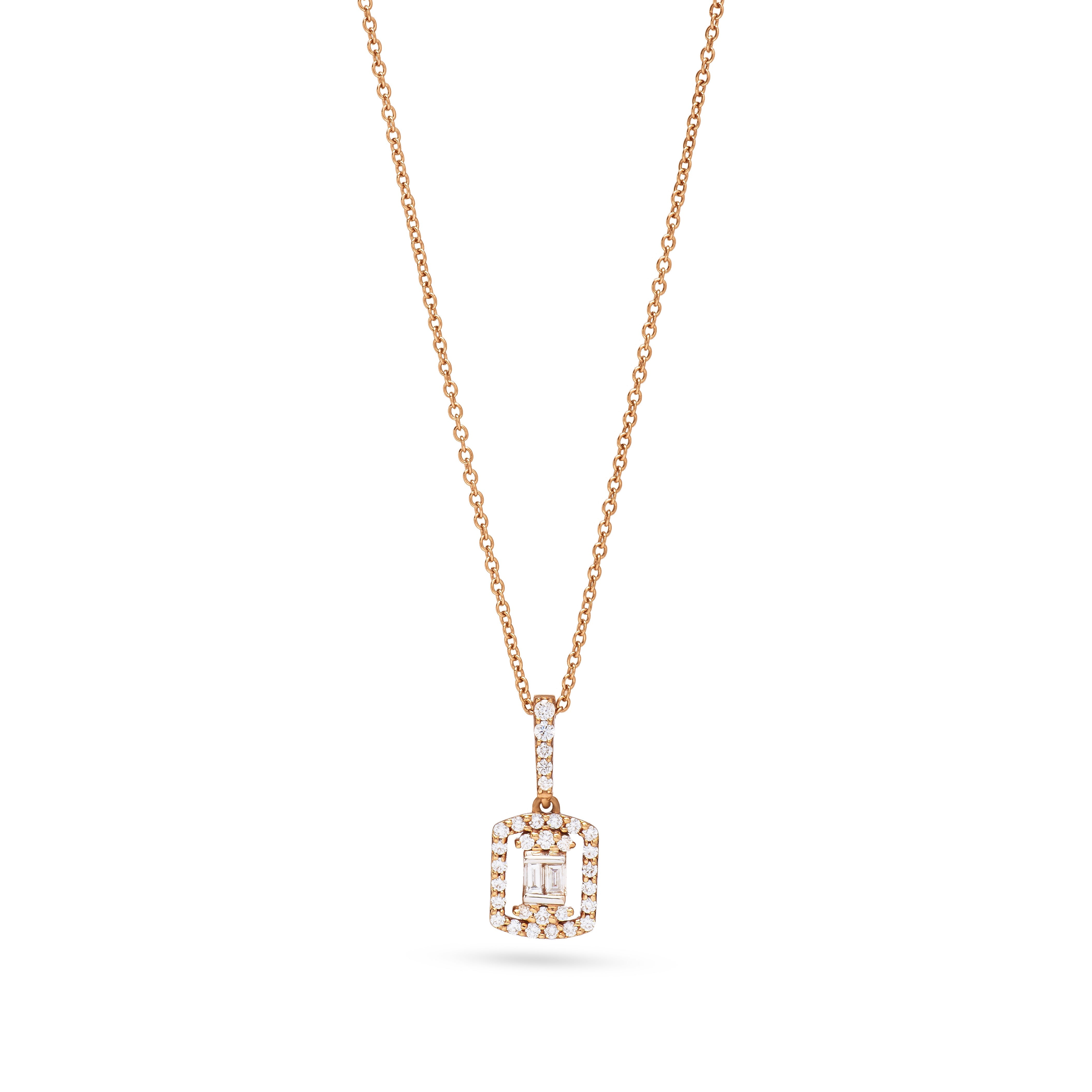 Unique Baguette Diamond in a Diamond Frame Necklace in Rose 18 K Gold - SIR379