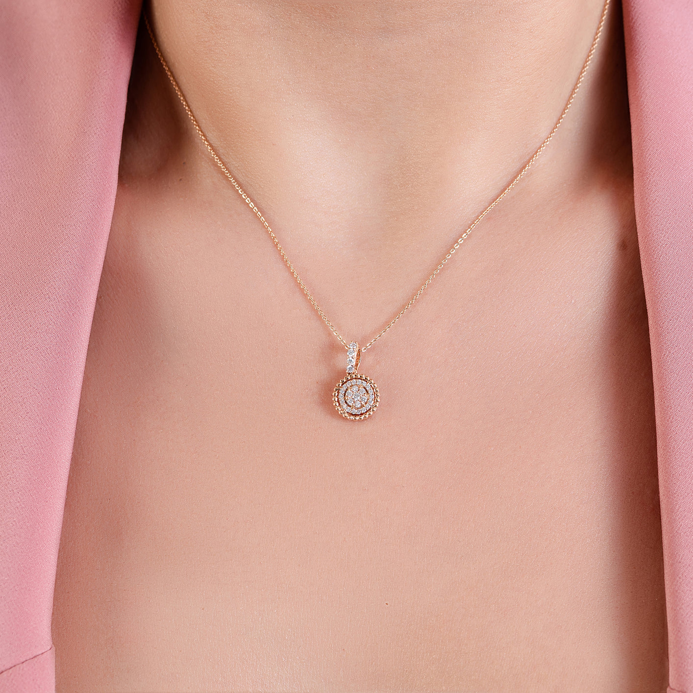 Dangling Round Sun Pendant Necklace in Rose 18K Gold - SIR1545