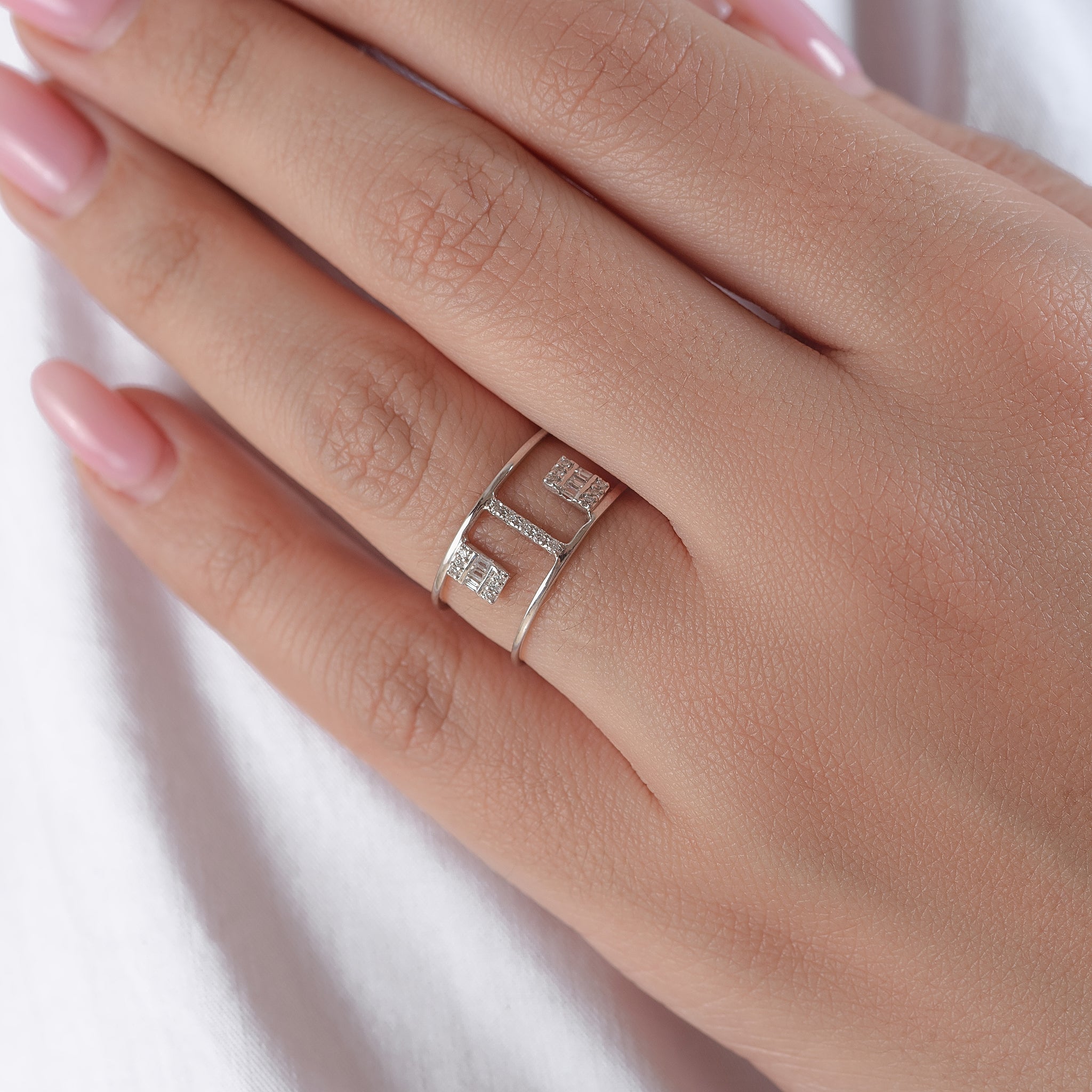 2 Layers Geometrical diamond ring in White 18K Gold -MB0794