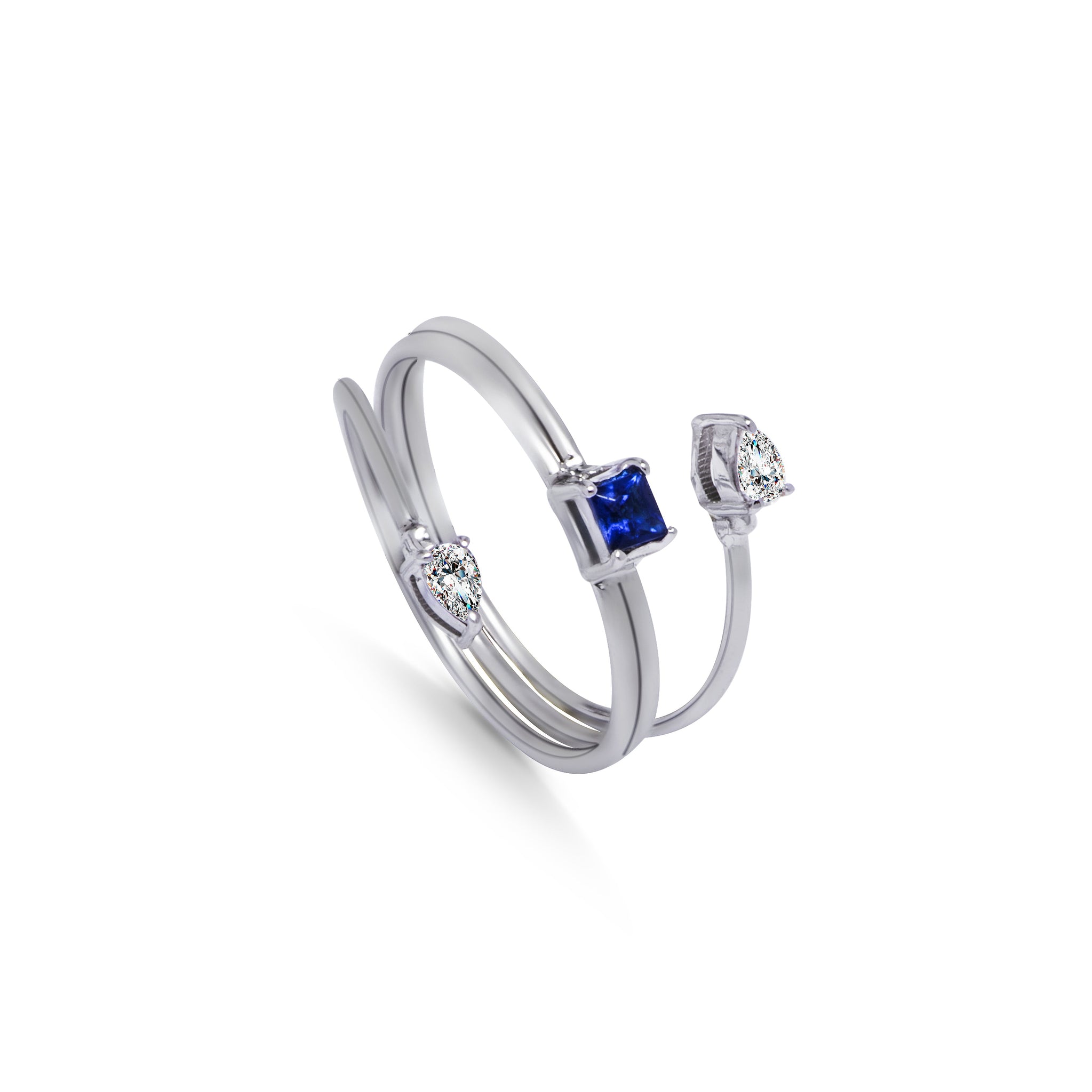 Sapphire Leaves and Diamond 3 layered Ring in White 18K Gold -NB3386/1