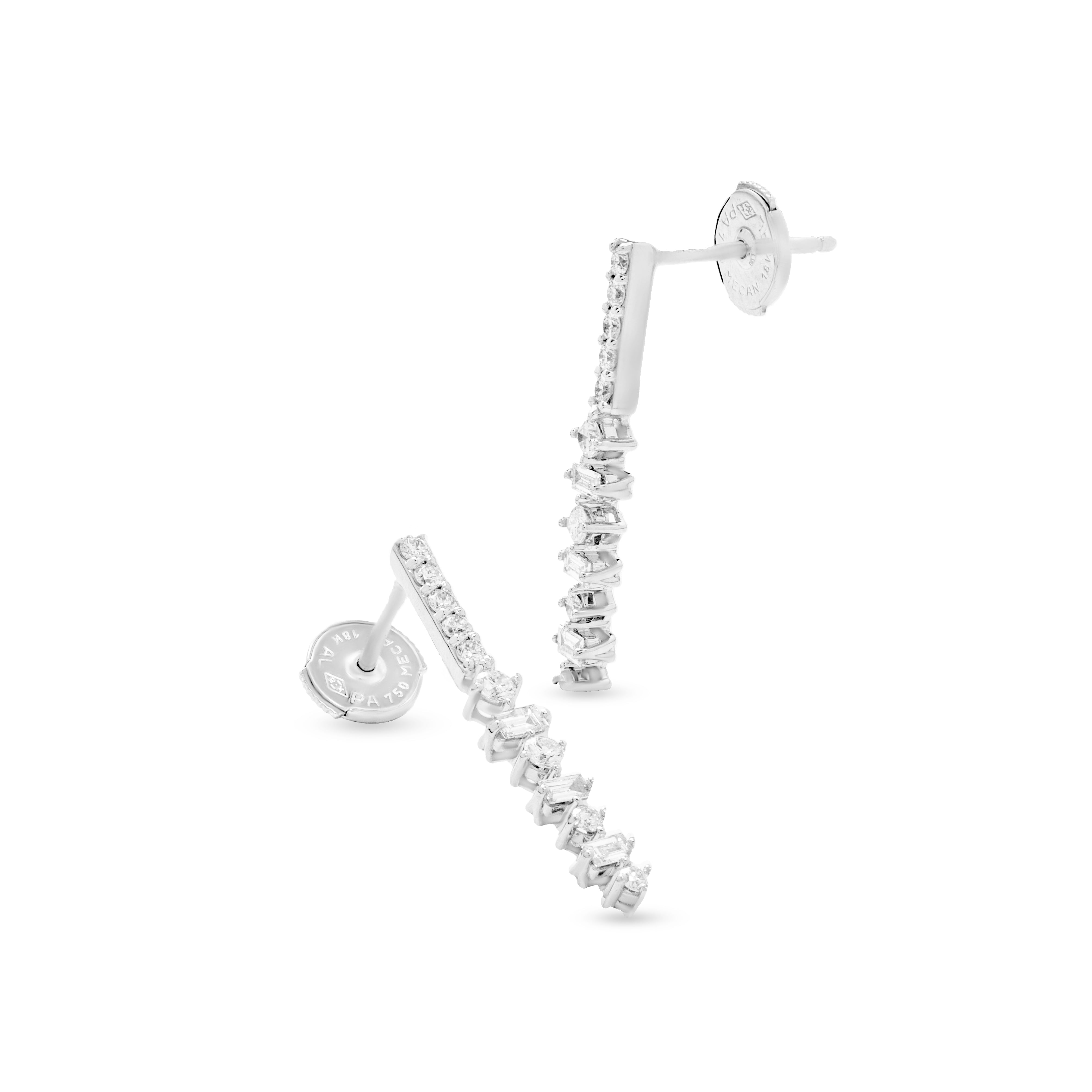 Round & Baguette Diamond Bar Earring in White 18 K Gold - S-E116
