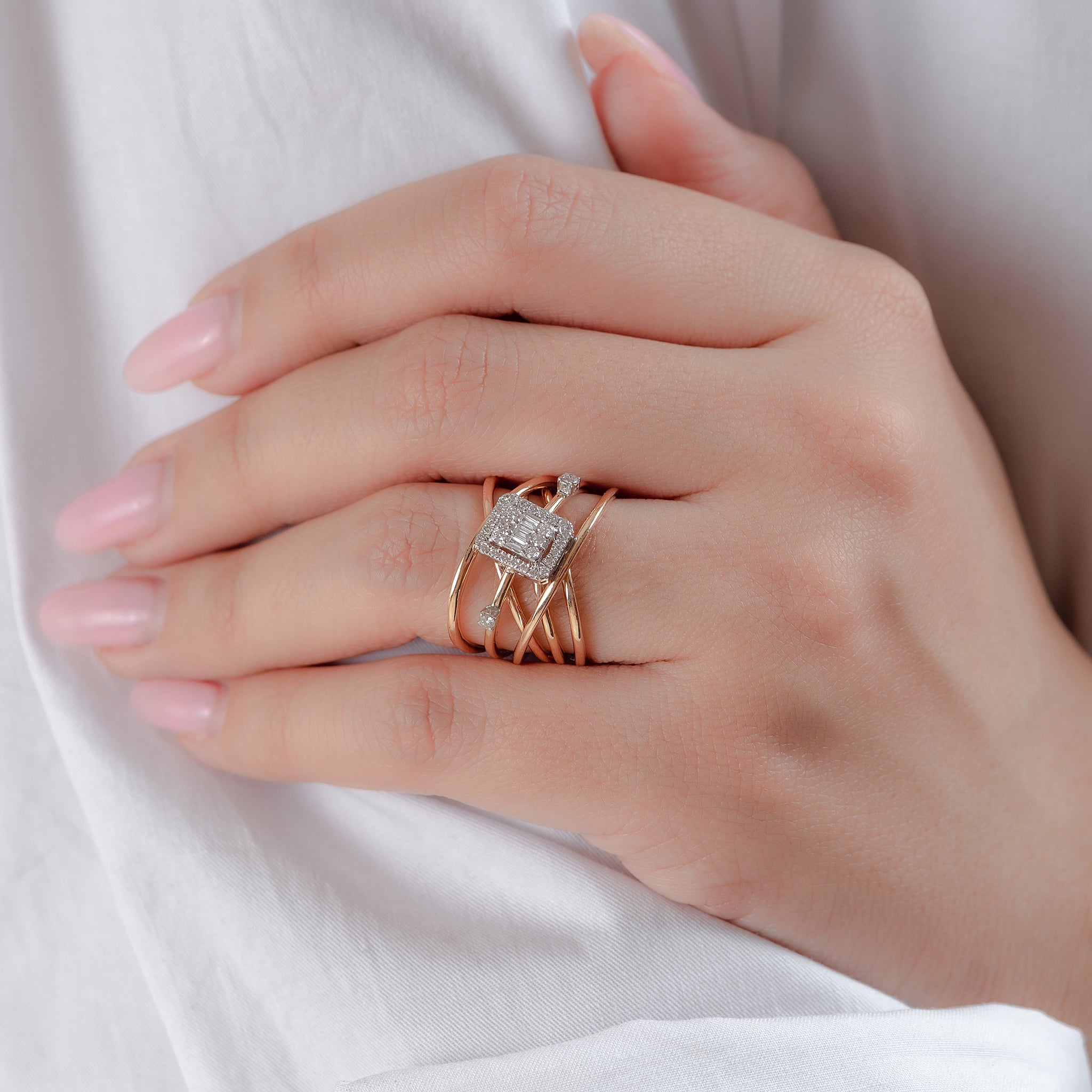 Multi layer Center Diamond stone Ring in 18K Rose Gold- OB0172