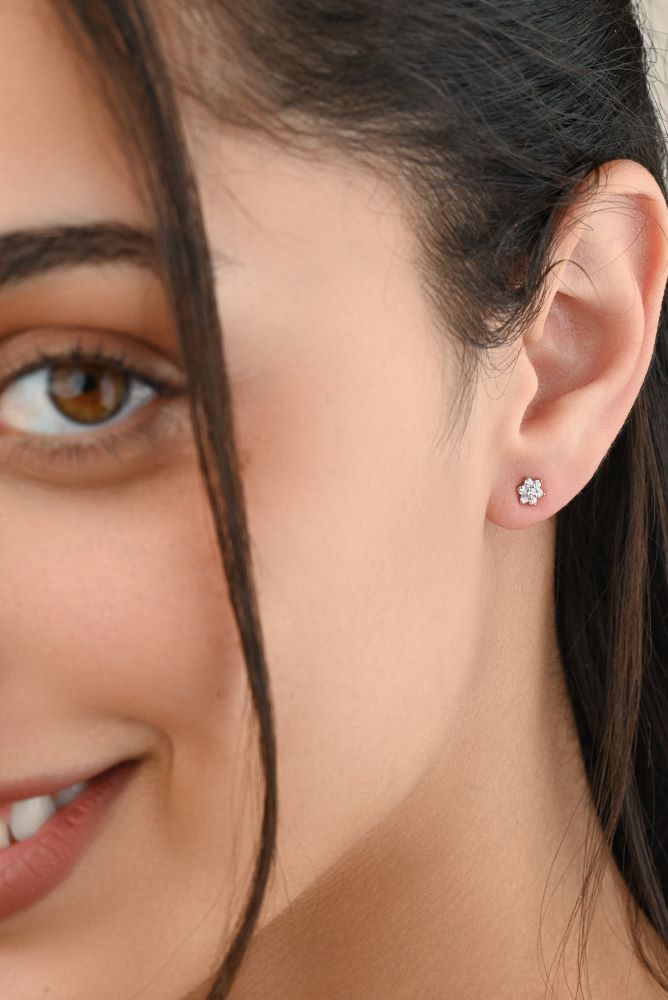 Diamond Floral Shaped Stud in 18K White Gold - S-H046ES