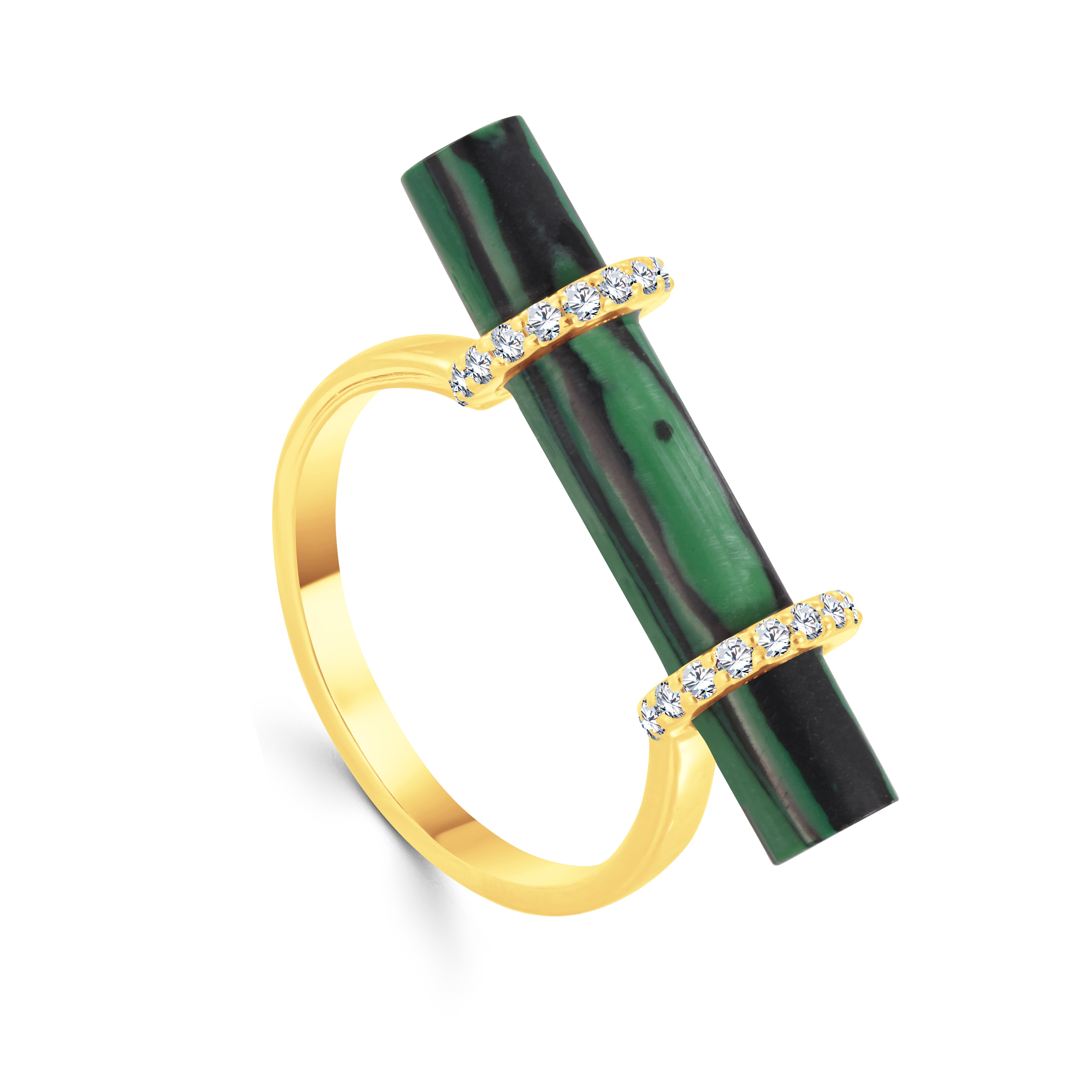 Malachite centered within a diamond 2 circles ring in 18K Yellow gold - S-R233S