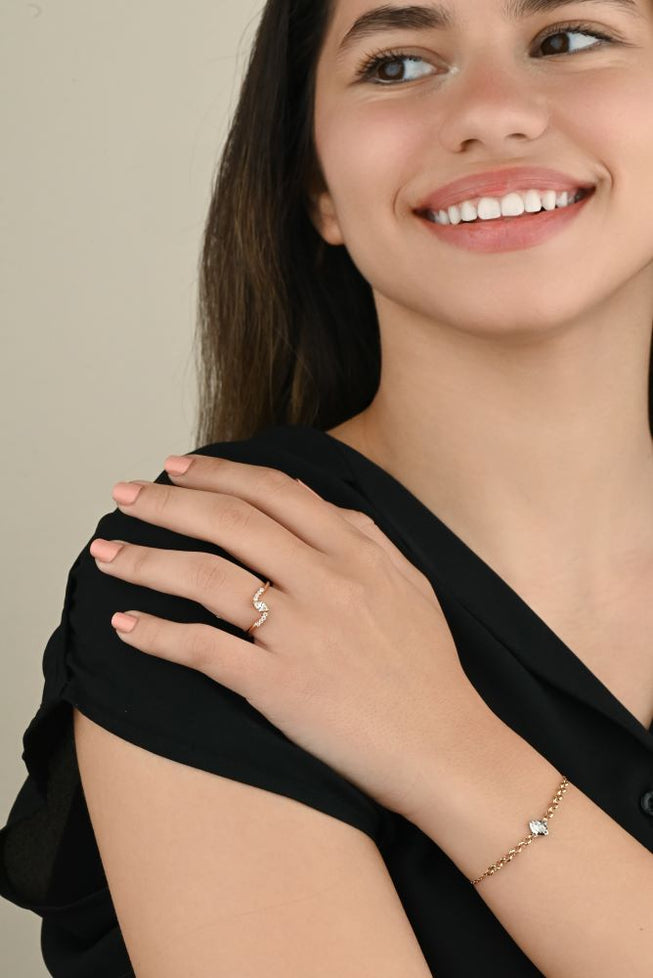 Irregular gold ring with Marquise-cut center and round diamonds - S-R348X