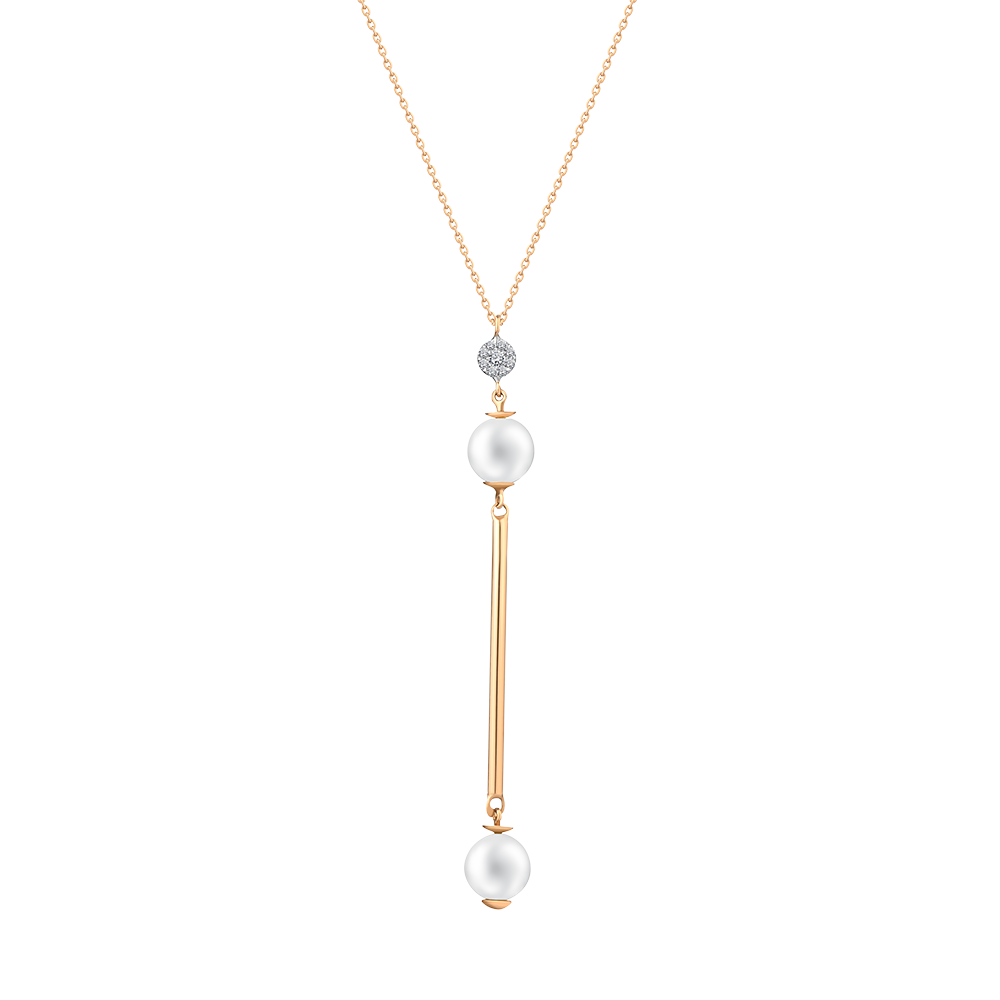 2 pearls dangling with gold rod and diamond setting necklace in 18K Rose Gold - S-X28P