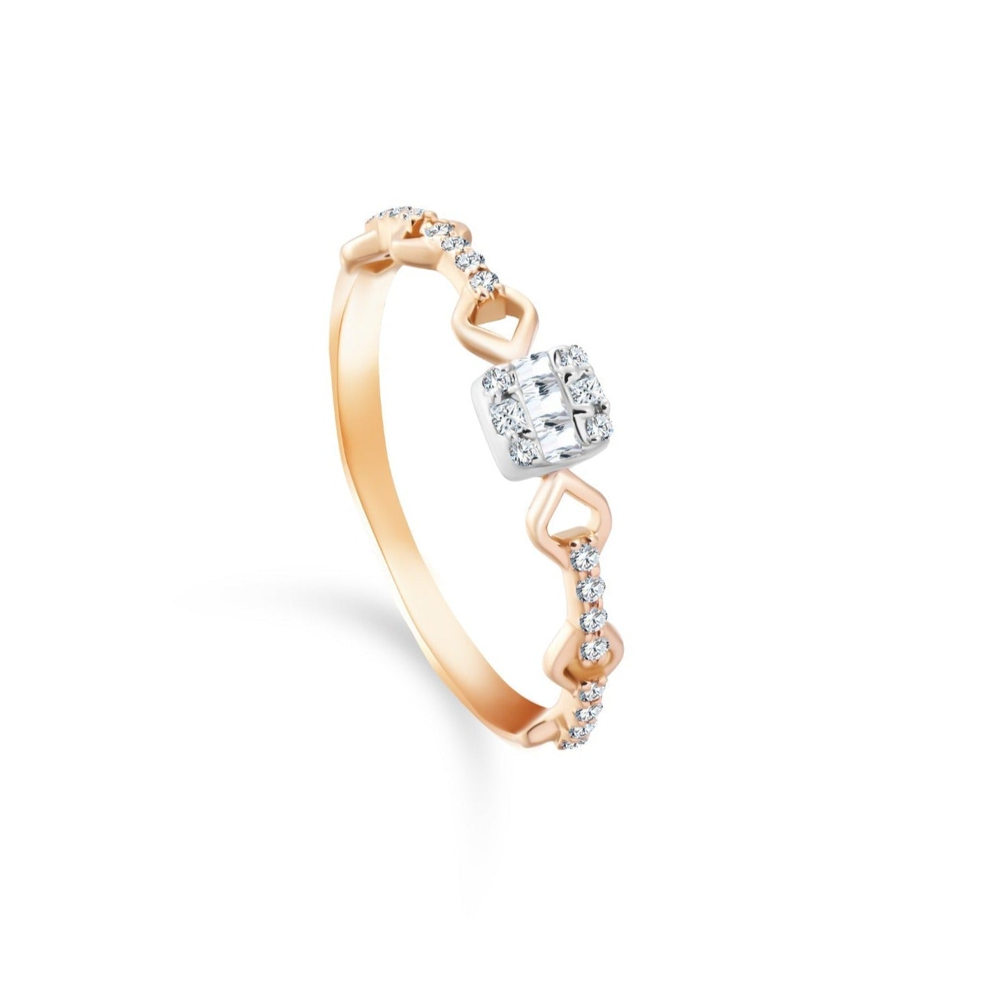 Half diamonded ring with 20 round brilliant, 3 baguette and 2 pear diamonds  in 18K ROSE Gold - YZ-0343-R/J