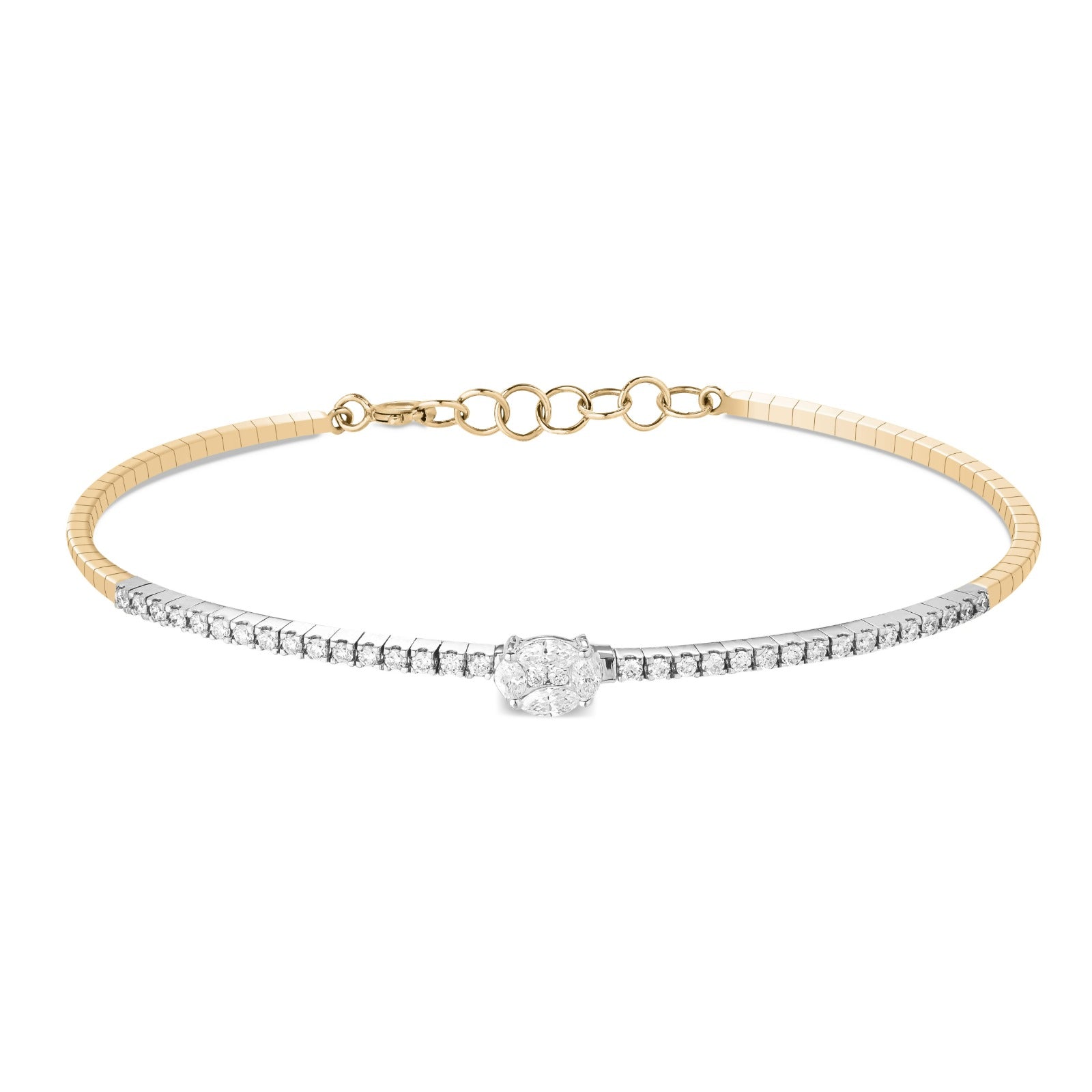 Rose and White Half Tennis with Central Marquise Cut Diamond Bangle in 18K Rose Gold - MR-0176-2B