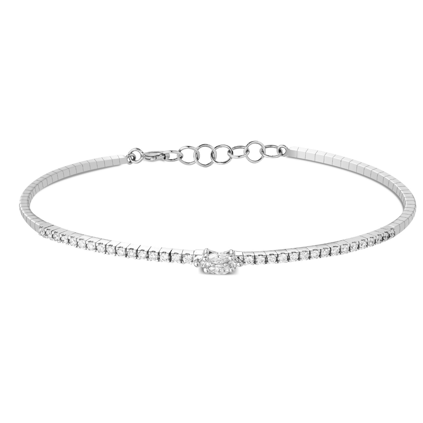 Half Tennis with Central Marquise Cut Diamond Bangle in 18K White Gold / MR-0176-3B/J