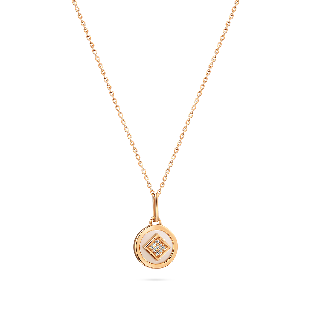 White Enamel with gold frame embedded with diamonds necklace in 18K Yellow Gold - s-p257s