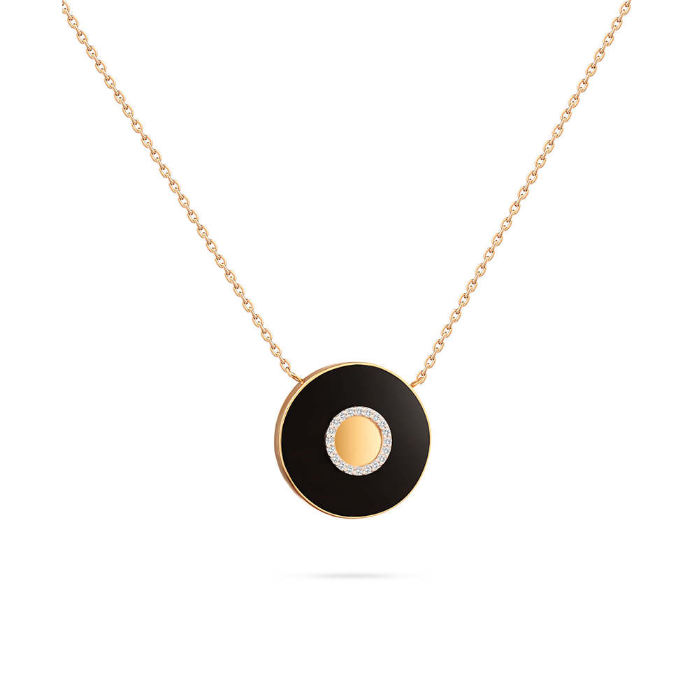 Onyx circle within gold frame with diamond central circle necklace in 18K Yellow Gold - s-p293s